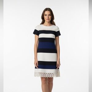 St. John White Short Sleeve Knit Dress with Navy & Black Stripes Eyelet Detail